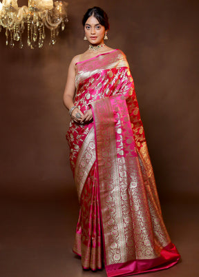 Pink Banarasi Silk Saree With Blouse Piece