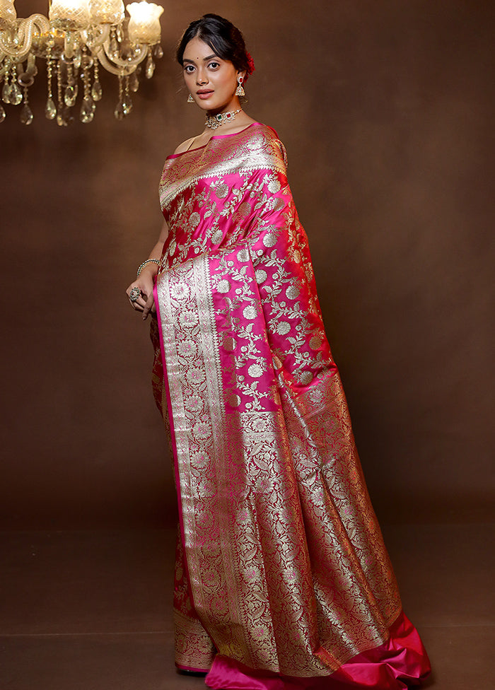 Pink Banarasi Silk Saree With Blouse Piece