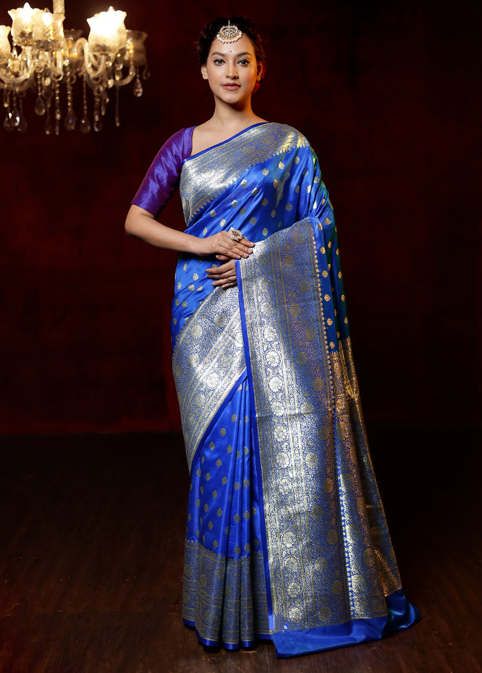 Blue Banarasi Silk Saree With Blouse Piece