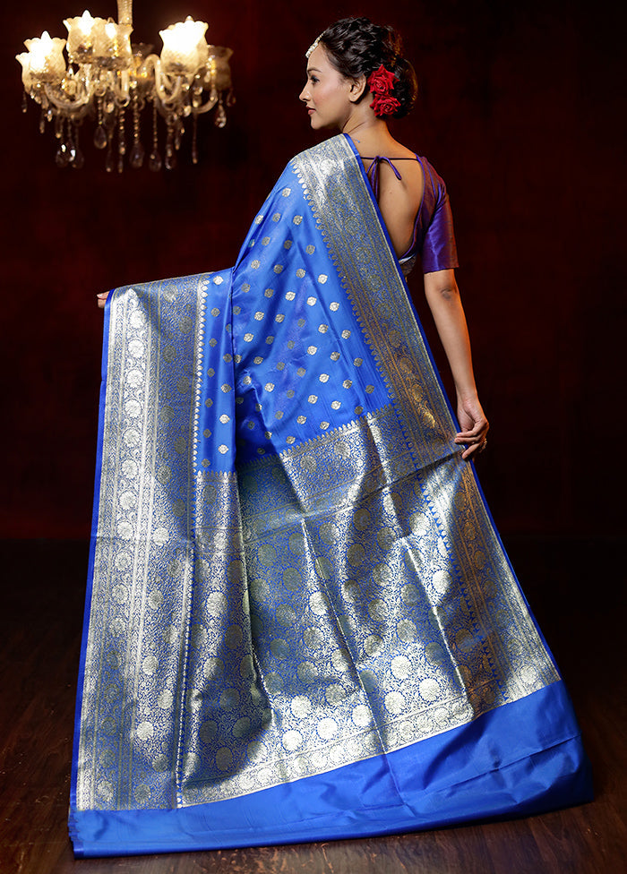 Blue Banarasi Silk Saree With Blouse Piece