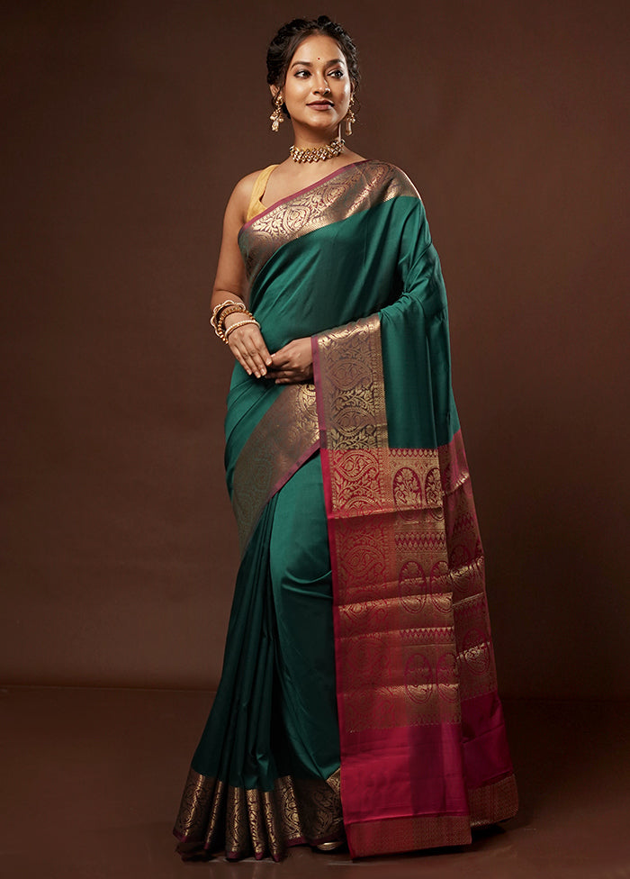 Green Banarasi Silk Saree With Blouse Piece - Indian Silk House Agencies