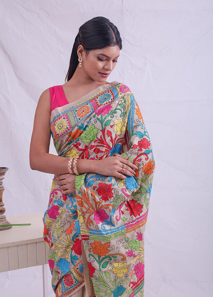 Cream Gachi Tussar Nakshi Kantha Saree With Blouse Piece - Indian Silk House Agencies