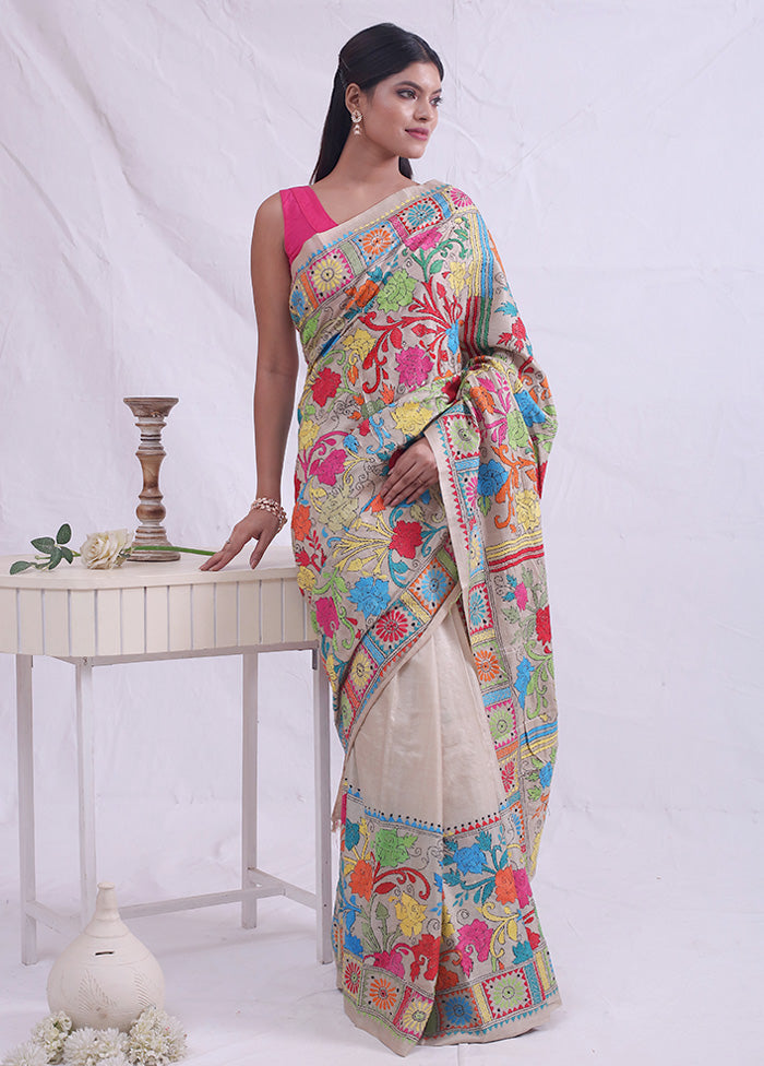 Cream Gachi Tussar Nakshi Kantha Saree With Blouse Piece - Indian Silk House Agencies