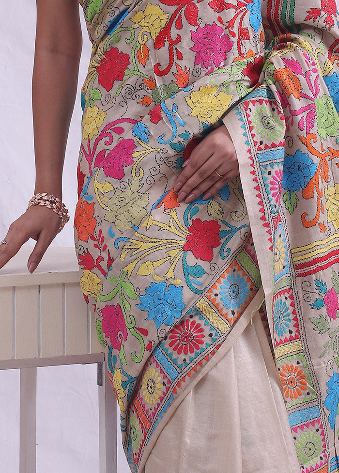 Cream Gachi Tussar Nakshi Kantha Saree With Blouse Piece - Indian Silk House Agencies