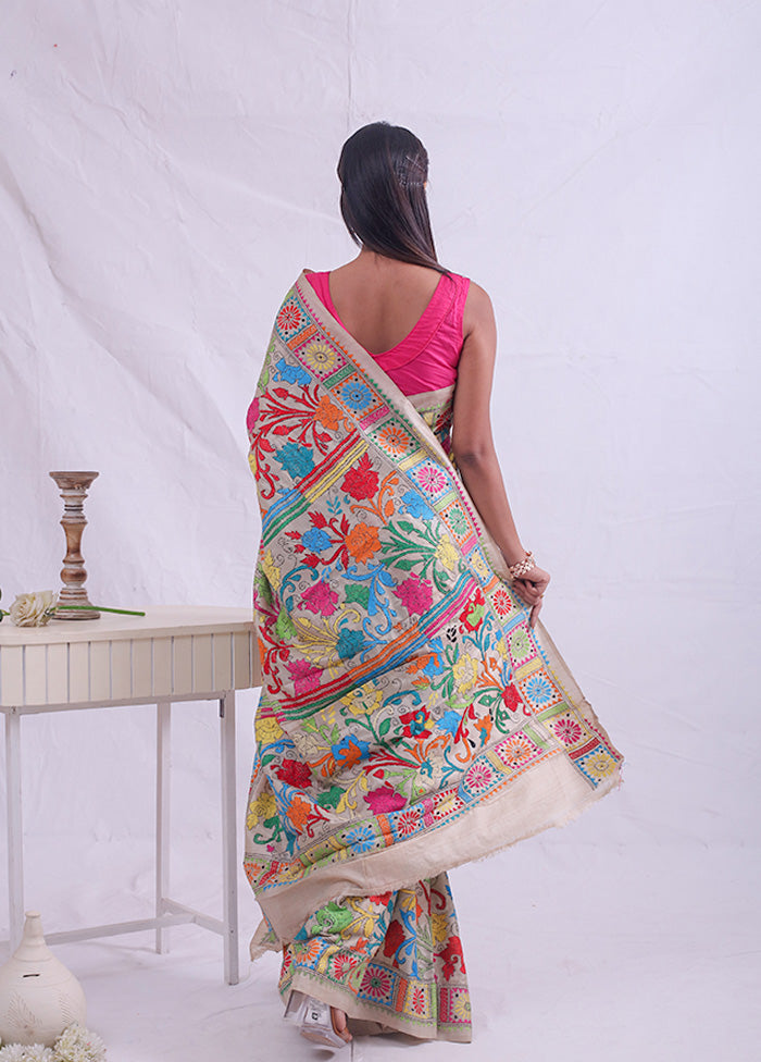 Cream Gachi Tussar Nakshi Kantha Saree With Blouse Piece - Indian Silk House Agencies