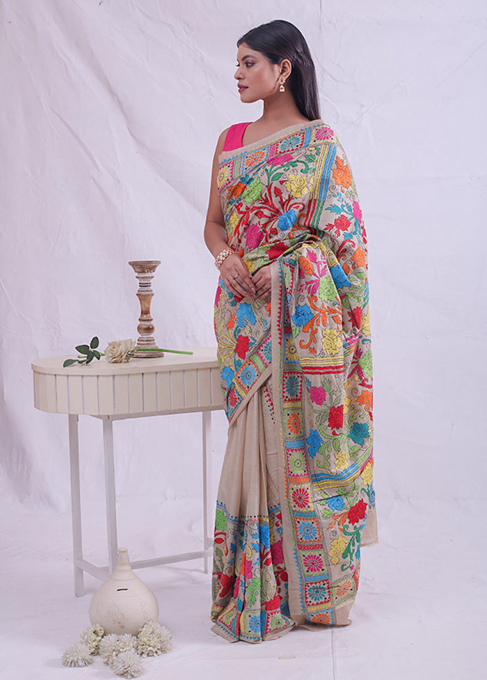 Cream Gachi Tussar Nakshi Kantha Saree With Blouse Piece - Indian Silk House Agencies