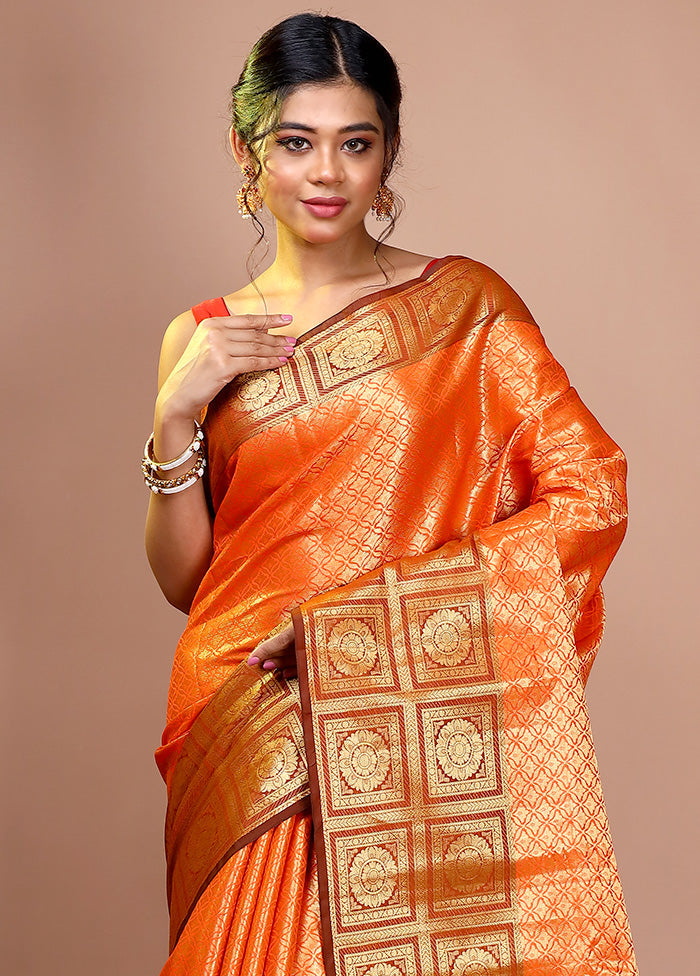 Orange Kora Silk Zari Woven Saree With Blouse - Indian Silk House Agencies