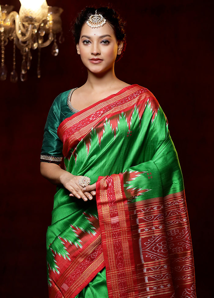 Green Handloom Patola Pure Silk Saree With Blouse Piece