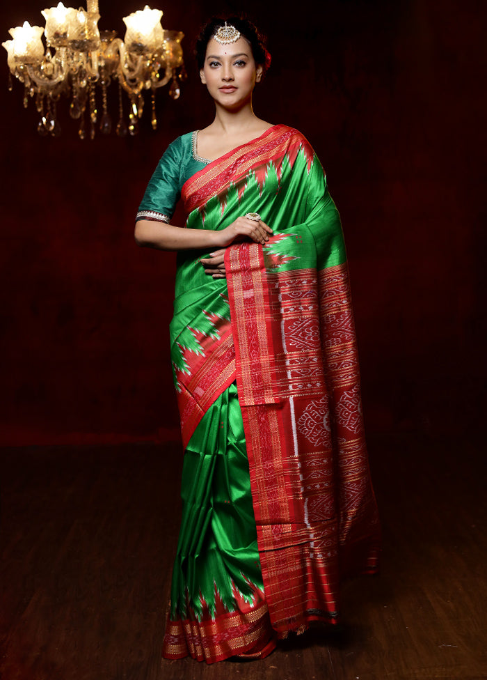 Green Handloom Patola Pure Silk Saree With Blouse Piece