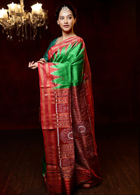 Green Handloom Patola Pure Silk Saree With Blouse Piece