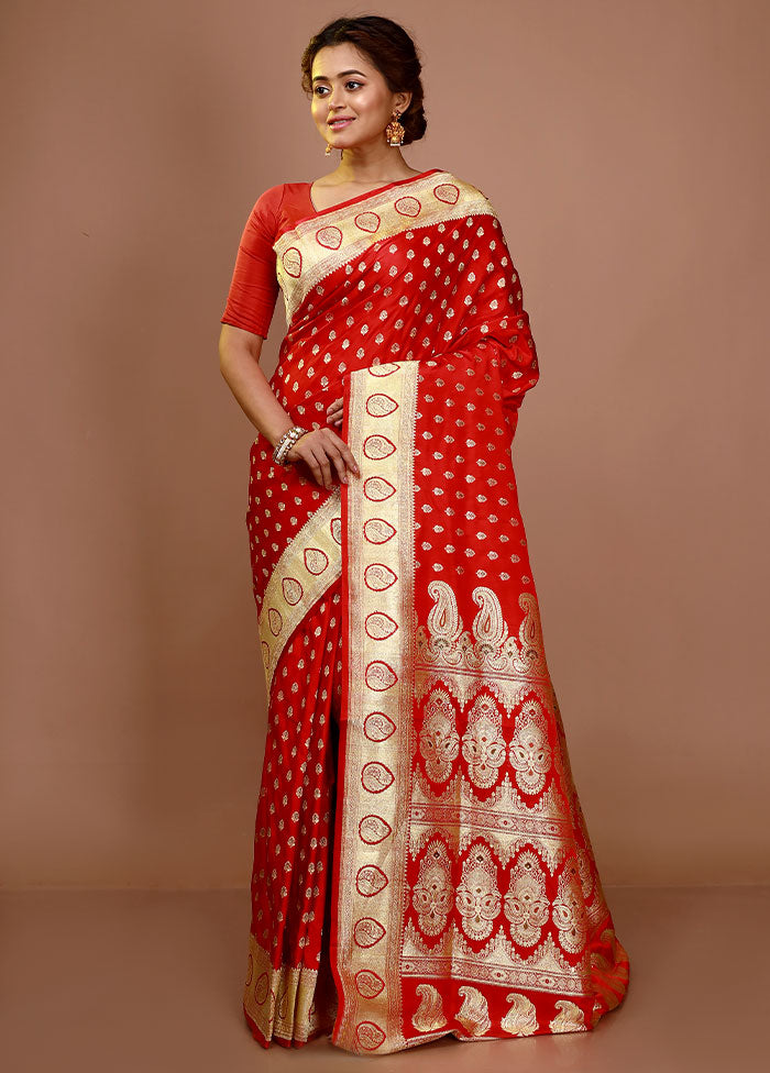 Red Banarasi Pure Silk Zari Woven Saree With Blouse Piece - Indian Silk House Agencies