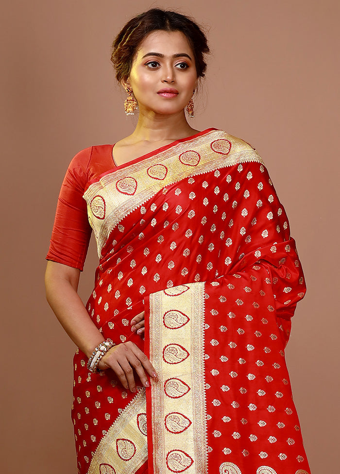 Red Banarasi Pure Silk Zari Woven Saree With Blouse Piece - Indian Silk House Agencies