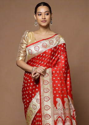 Red Handloom Banarasi Pure Silk Saree With Blouse Piece