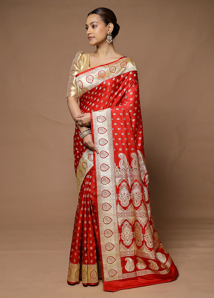 Red Handloom Banarasi Pure Silk Saree With Blouse Piece