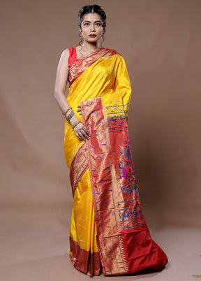 Yellow Pure Paithani Kanjivaram Silk Saree With Blouse Piece - Indian Silk House Agencies