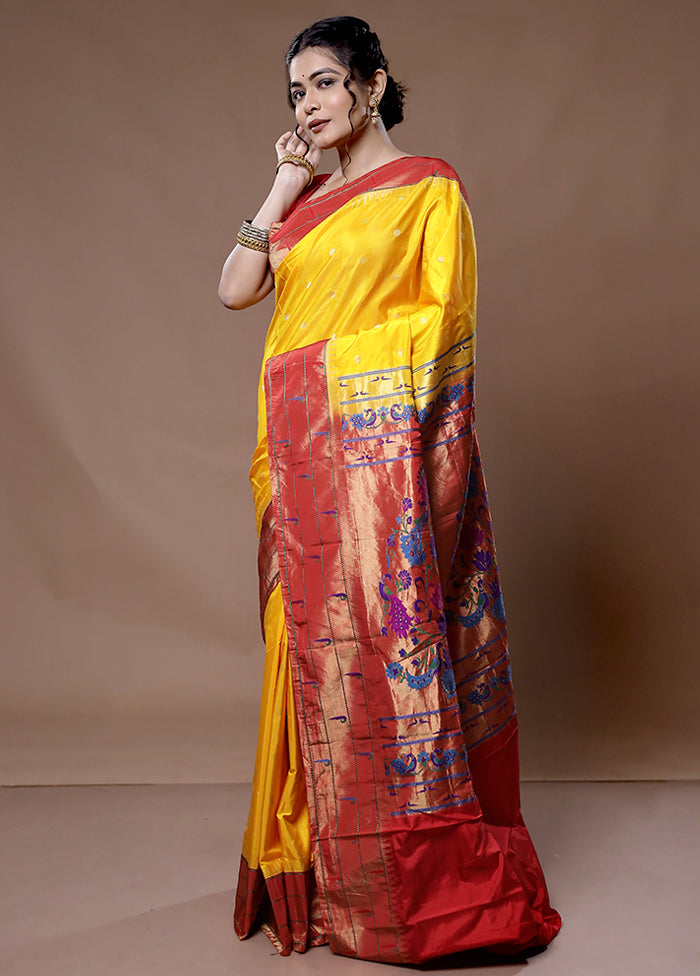 Yellow Pure Paithani Kanjivaram Silk Saree With Blouse Piece - Indian Silk House Agencies