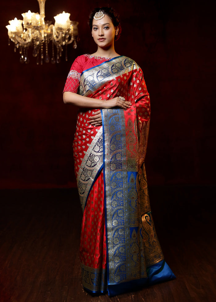 Red Banarasi Silk Saree With Blouse Piece