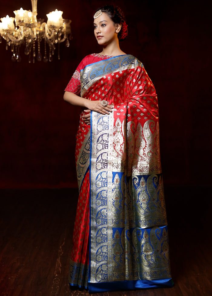 Red Banarasi Silk Saree With Blouse Piece