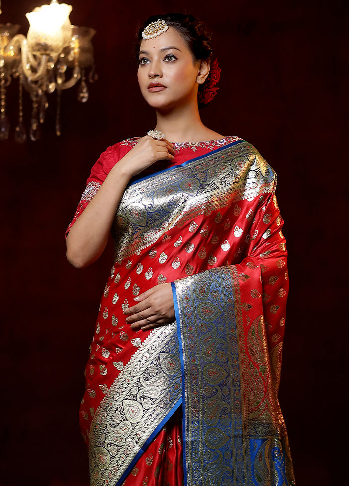 Red Banarasi Silk Saree With Blouse Piece