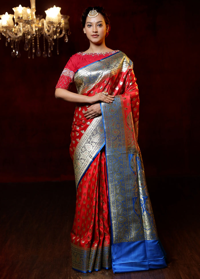 Red Banarasi Silk Saree With Blouse Piece