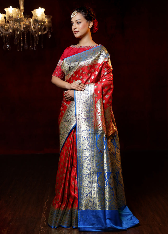 Red Banarasi Silk Saree With Blouse Piece