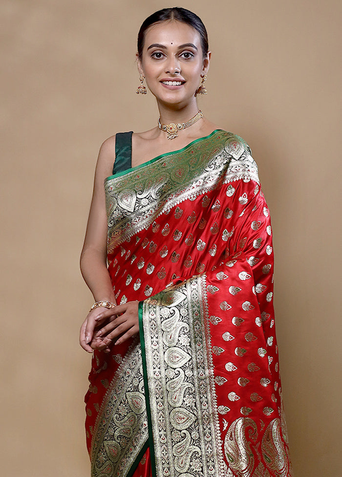 Red Banarasi Silk Saree With Blouse Piece