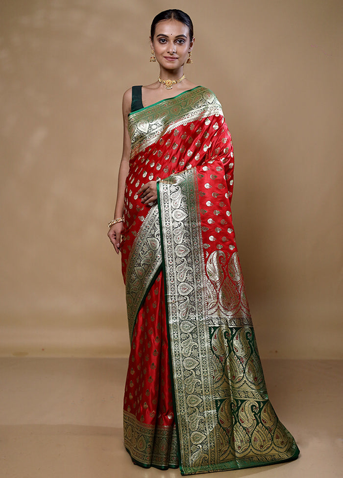 Red Banarasi Silk Saree With Blouse Piece