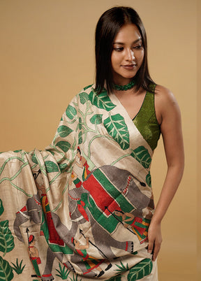 Cream Kantha Stitch Pure Silk Saree With Blouse Piece - Indian Silk House Agencies