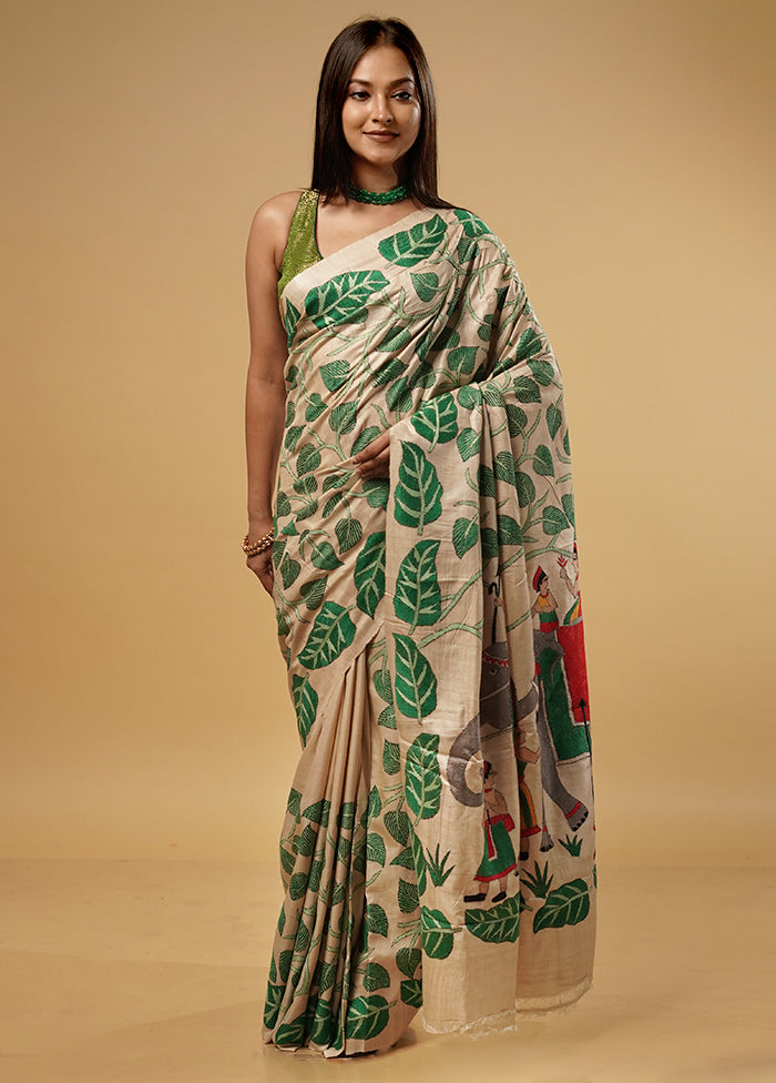 Cream Kantha Stitch Pure Silk Saree With Blouse Piece - Indian Silk House Agencies