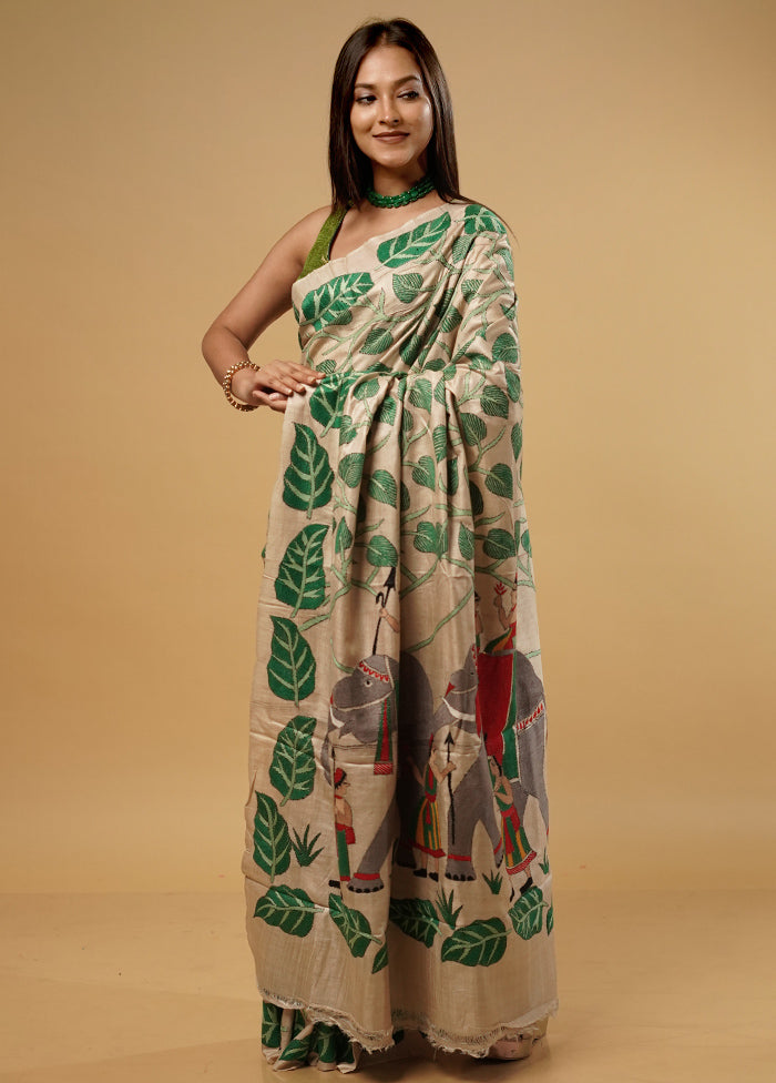 Cream Kantha Stitch Pure Silk Saree With Blouse Piece - Indian Silk House Agencies