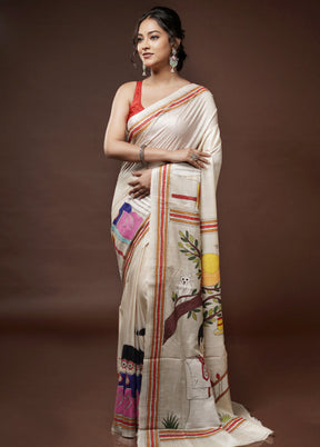 Cream Kantha Stitch Pure Silk Saree With Blouse Piece - Indian Silk House Agencies