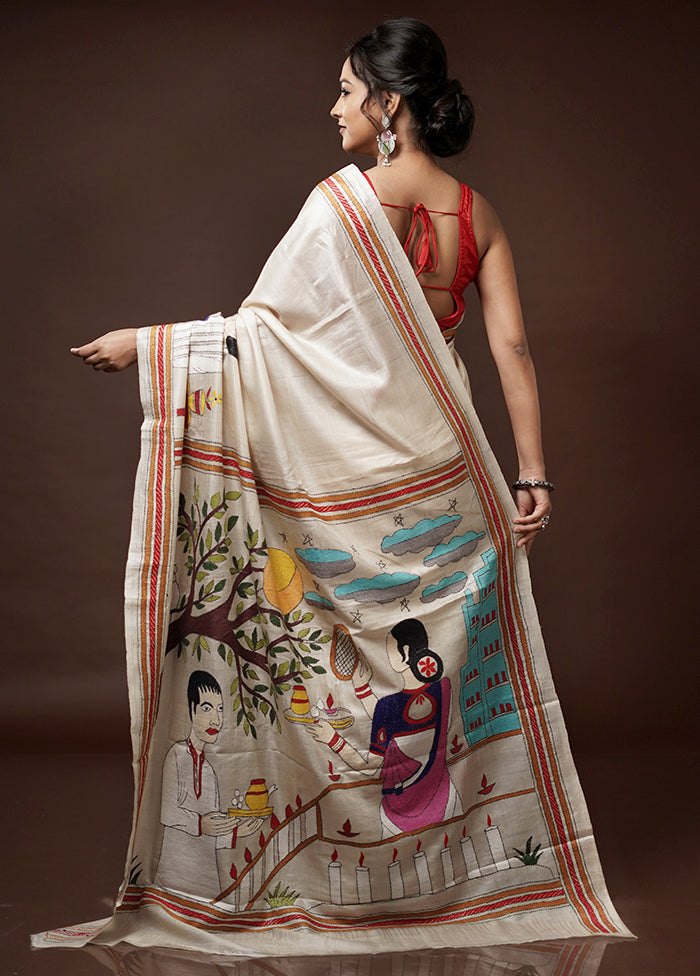 Cream Kantha Stitch Pure Silk Saree With Blouse Piece - Indian Silk House Agencies