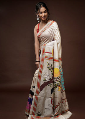 Cream Kantha Stitch Pure Silk Saree With Blouse Piece - Indian Silk House Agencies