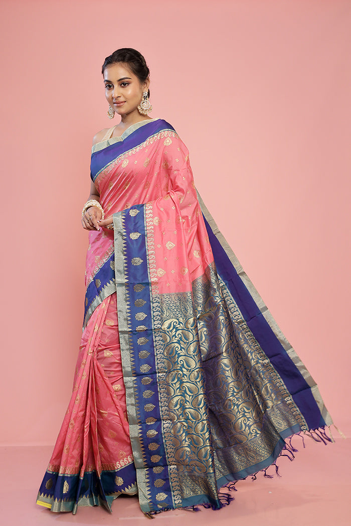 Pink Kanjivaram Silk Saree With Blouse Piece - Indian Silk House Agencies