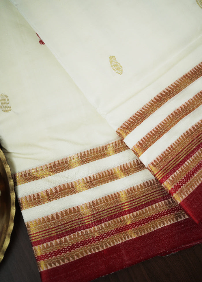 White Garad Silk Saree Without Blouse Piece