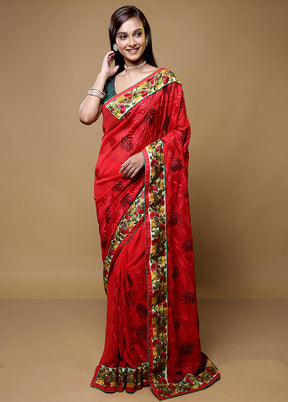 Red Chiffon Silk Saree With Blouse Piece