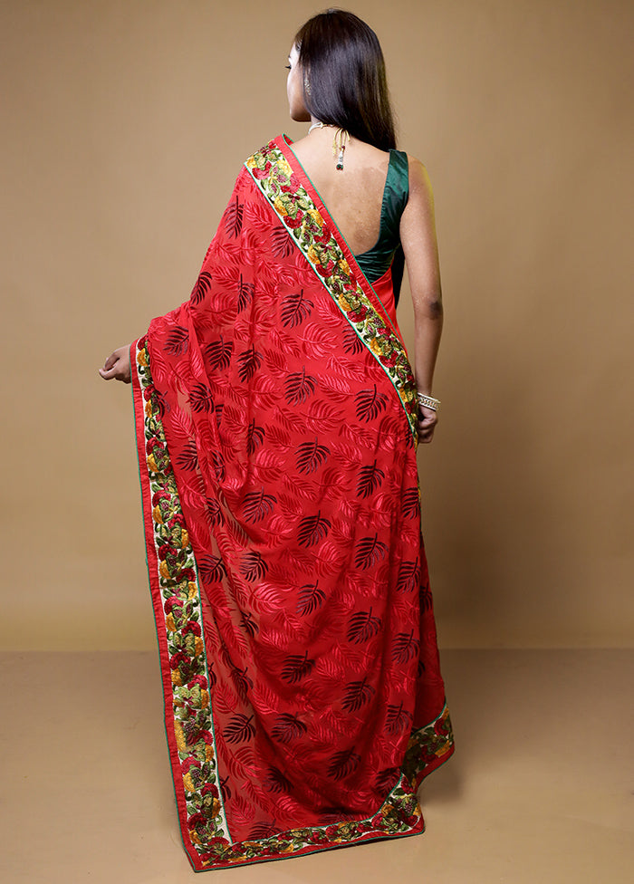 Red Chiffon Silk Saree With Blouse Piece