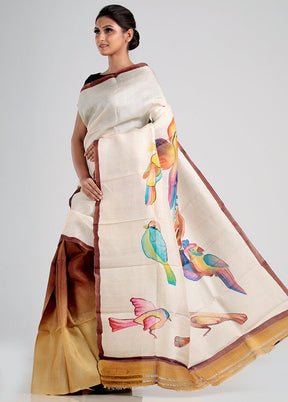 Cream Printed Tussar Silk Saree With Blouse Piece - Indian Silk House Agencies