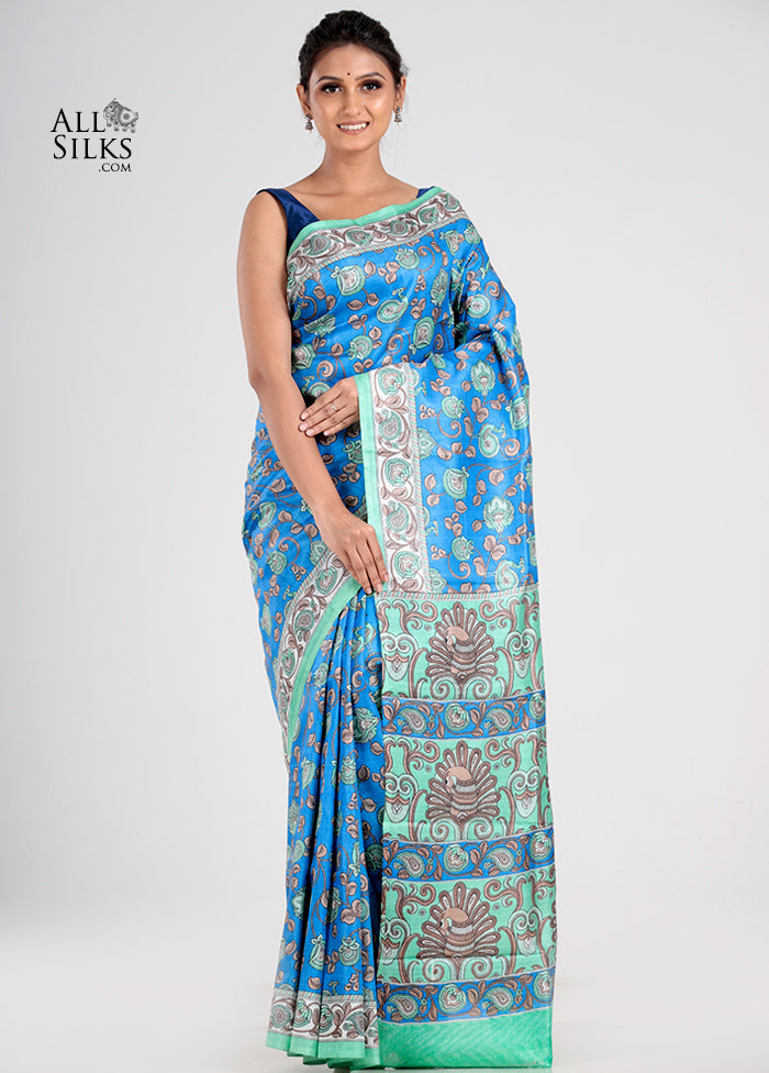 Blue Printed Tussar Silk Saree With Blouse Piece - Indian Silk House Agencies