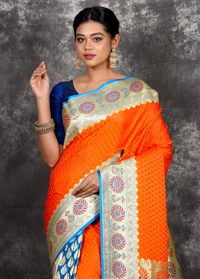 Rust Patli Pallu Banarasi Silk Saree With Blouse Piece - Indian Silk House Agencies