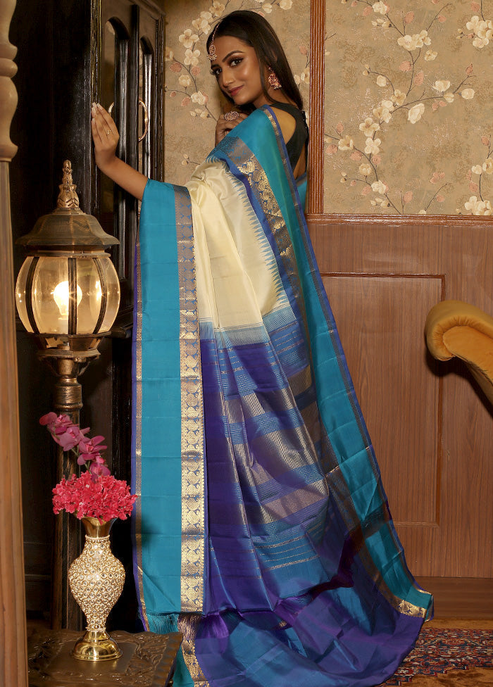 Cream Pure Kanchipuram Silk Saree With Blouse Piece - Indian Silk House Agencies