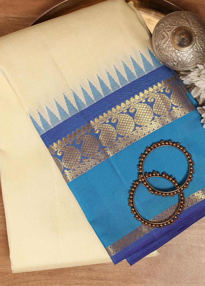 Cream Pure Kanchipuram Silk Saree With Blouse Piece - Indian Silk House Agencies