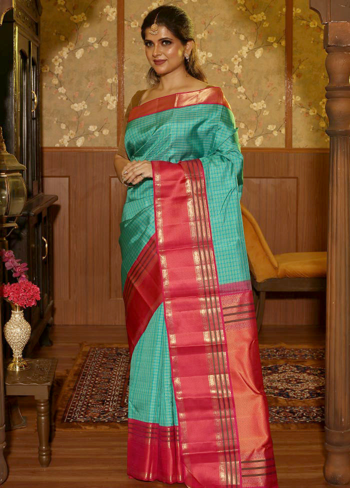 Sea Blue Pure Kanchipuram Silk Saree With Blouse Piece - Indian Silk House Agencies