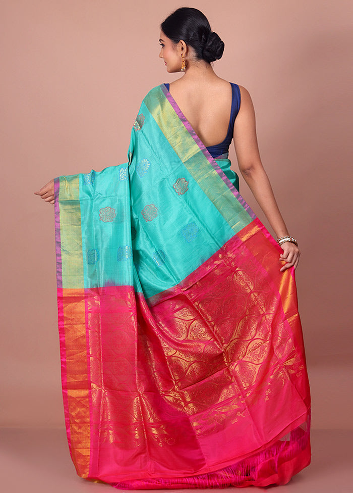 Sky Blue Kanjivaram Silk Saree With Blouse Piece - Indian Silk House Agencies