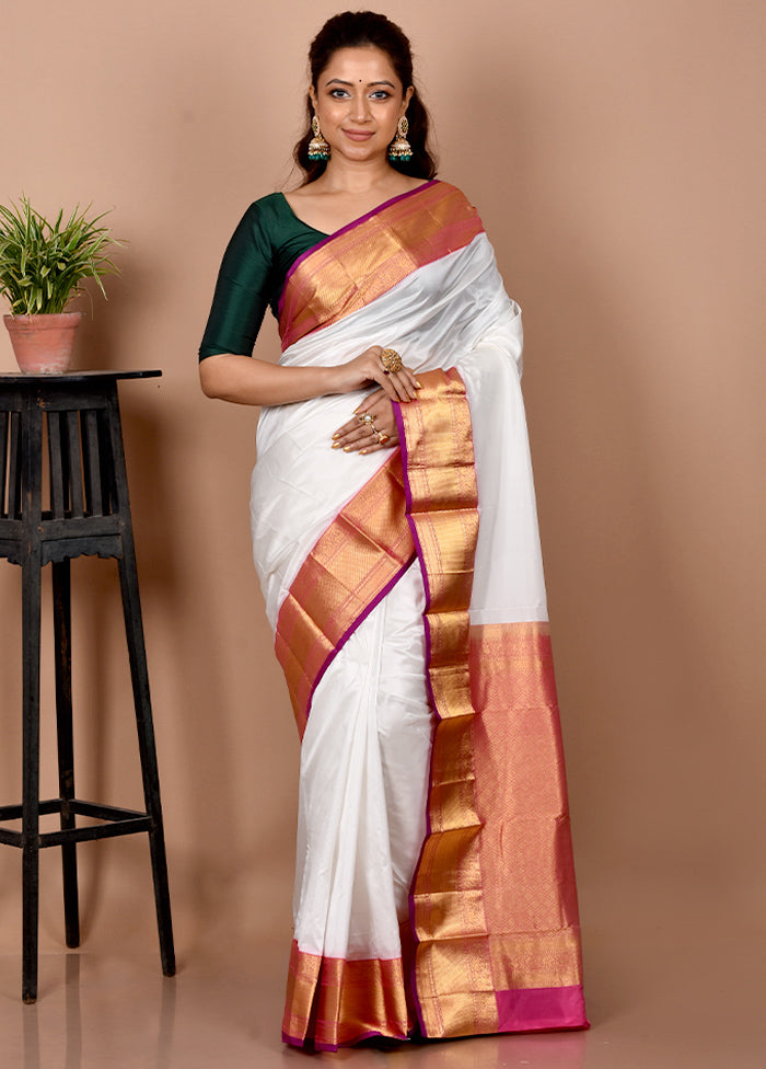 White Pure Kanjivaram Silk Saree With Blouse Piece - Indian Silk House Agencies