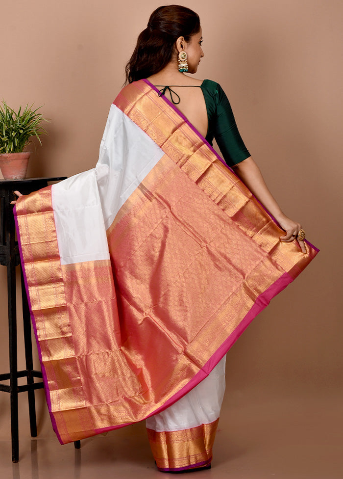 White Pure Kanjivaram Silk Saree With Blouse Piece - Indian Silk House Agencies