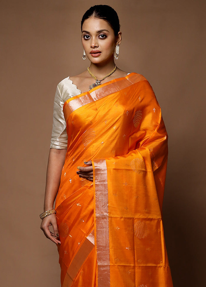 Orange Handloom Kanjivaram Pure Silk Saree With Blouse Piece