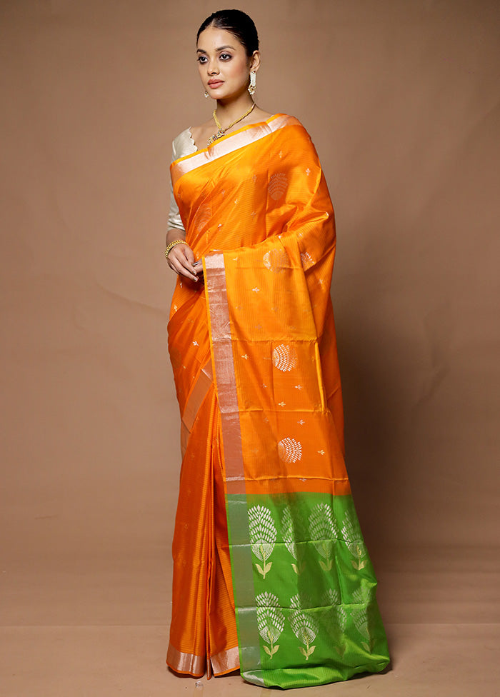 Orange Handloom Kanjivaram Pure Silk Saree With Blouse Piece