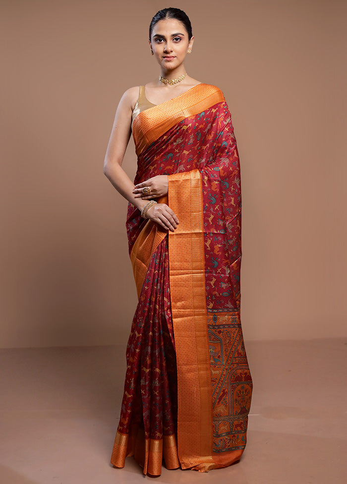 Pink Printed Pure Silk Saree Without Blouse Piece