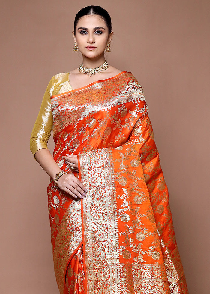 Orange Banarasi Silk Saree With Blouse Piece